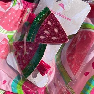 Tommy Bahama Girls 3 Piece Set Watermelon Top/Dress Shorts & Glitter Barrettes